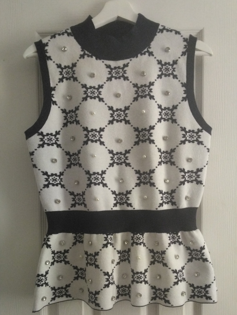 Sleeveless Navy & White Knit Peplum Tunic with Embellished Dots